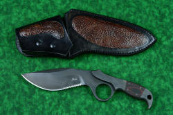 "Kairos" tactical knife, obverse side view with postive locking sheath in leather and bison skin inlay, stainless steel double snap retention