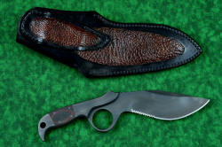 "Kairos" tactical knife, reverse side view with postive locking sheath in leather and bison skin inlay, stainless steel double snap retention