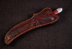"Kineau" sheathed view. Sheath is nicely sculpted and shaped for unusual recurve knife blade