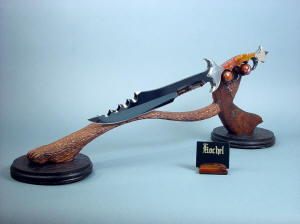 "Kochel" front knife display stand view. Position of knife is along the main leg of the display, and compliments the lines of the knife