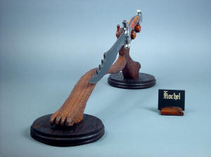 "Kochel" front left display view. Knife and stand are complimentary artwork, all handmade and original in tool steel, hardwoods, and gemstone