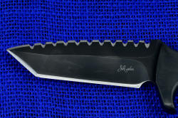 "Krag" tactical, counterterrorism professional knife, blade, maker's mark detail. Hammerhead serrations and single bevel main edge offer extreme cutting ability