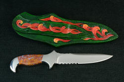 "Macha Navigator" Fine Custom Knife, reverse side view. Sheath back is fully hand-carved and hand-dyed leather shoulder