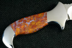 "Macha Navigator" Fine Custom Knife, reverse side gemstone handle details. Rare rooster tail agate from Mexico is bold and extremely tough, taking a bright vitreous polish