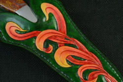"Macha Navigator" Fine Custom Knife, sheath front detail in hand-carved, hand-dyed leather shoulder