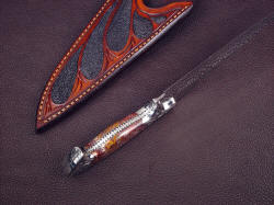 "Malaka" inside handle tang detail. Note dovetailed knife bolsters, gemstone handle materials, deep choil