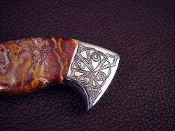 "Malaka" obverse side rear bolster engraving detail. Bolsters are tough 304 stainless steel for great longevity