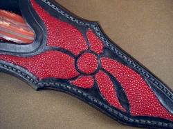 "Mercurius Magnum" sheathwork detail. Red Stingray skin is very hard and tough, actually interlocking bony plates, and is difficult to inlay. 