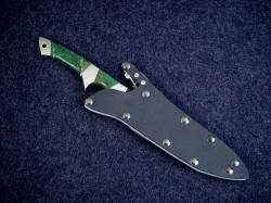 "Minuteman" sheathed view. Knife is easily accessible yet well protected in the locking sheath 