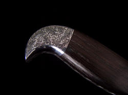 "Morta" reverse side rear bolster engraving detail. Engraving is oak leaves to match bog oak mineralized handle