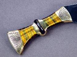 "Nasmyth" khukri handle detail. The gemstones are beautiful and tough, with chatoyant light play and a complicated integrated central palm ring in gemstone with a full tang blade