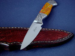 "Nekkar" point detail. Knife blade is cleanly hollow ground, with razor keen single bevel cutting edge