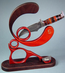 "Omega" art knife reverse side view. Stand is fully articulating in exotic hardwoods and brass