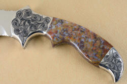 "Orion" obverse side gemstone handle details. Rio Grande Agate handle is seamlessly fitted to bolsters and handle tang