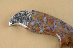 "Orion" reverse side three power bolster engraving detail. Seamless fit is visible in bolster to handle scale, gemstone pattern is striking and unique