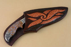 "Orion" sheath mouth view. Sheath has matching inlays of frog skin in burgundy leather