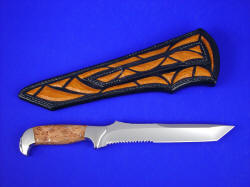 "PJ" fine tanto style knife, reverse side view. Note full inlays on back of sheath and even in belt loop