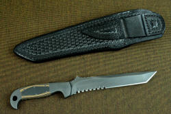"PJ-CT" reverse side view. Hammerhead serrations and razor keen blade in this large tactical counterterrorism knife
