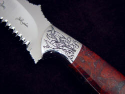 "PJLT Dragon" obverse side front bolster engraving detail. 304 stainless steel bolsters are hand-engraved