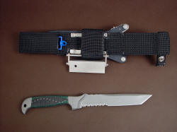 "PJLT" fine handmade custom CSAR tactical knife, reverse side view. The sheath is mounted in a removable ultimate extender that allows more traditional belt placement and ride.