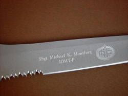 "PJ" reverse side blade engraving detail. Knife personalization identifies, honors contribution of soldiers and civilian professionals alike. 