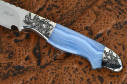 "Perseus" obverse side gemstone handle and engraving detail. Agate gemstone is specially treated to bring out the blue color of the hard agate, a hard color to achieve in stone.