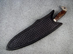 "Phlegra" khukri sheathed view. Knife sheath is heavy leather shoulder, double stitched, hand-tooled