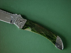 "Procyon" obverse side handle detail. Handle scales are Pounamu, rare New Zealand greenstone, a Neprite Jade that is tough and solid. 