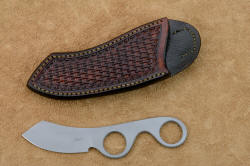 "Random Access Two" obverse side view in CPM154CM high molybdenum powder metal technology stainless steel blade, hand-stamped brown basketweave leather vertical sheath