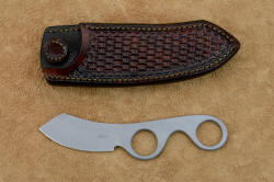 "Random Access Two," obverse side view with horizontal wear sheath, front side. Rear ring of knife handle engages leather stud that retains the knife in the sheath even in activity, until needed.