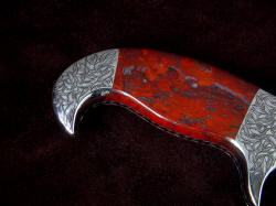"Sargon" reverse side rear bolster engraving, gemstone handle scale 4 power enlargement. The patterns in the fossil are fascinating and highly figured