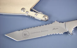 "Seabee" Blade detail, obverse side. Note sheath locking mechanism which is all stainless steel