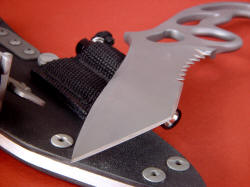 "Shahaz" point view. Point is tough and strong, with hollow grind and top swage meeting at an aggressive tanto angle. Edges are razor-keen.