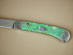 "Shaula" obverse side handle detail. Hard rubies are brilliant in fuchsite muscovite mica with chromium handle. 