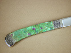 "Shaula" reverse side view, handle detail. Brilliant Ruby is hard and polished, green fuchsite has mica spangles and light play