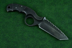 "Skeg" tactical, counterterrorism professional knife, reverse side view. Note the elliptical or oval finger ring, a more comfortable, compact shape than a large round ring