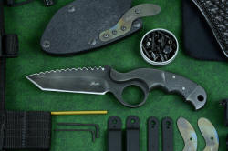 "Skeg" tactical, counterterrorism professional knife, complete set vignette of knife, fasteners, mounting hardware
