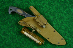 "Taranis" professional grade tactical, counterterrorism, rescue knife, shown with HULA and LIMA mounted to sheath. Both accessories can be mounted anywhere along the sheath on either side, and the sheath is reversible