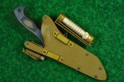 "Taranis" professional grade tactical, counterterrorism, rescue knife, shown back side of previous photo to illustrate fastener position and type on back of sheath