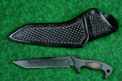 "Taranis" professional grade tactical, counterterrorism, rescue knife, black basketweave leather sheath 