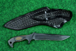 "Taranis" professional grade tactical, counterterrorism, rescue knife, reverse side view, leather sheath. Note heavy double-row stitching in both sheath body  and belt loop