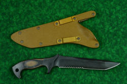 "Taranis" professional grade tactical, counterterrorism, rescue knife, reverse side view, sheath shown with anodized die-formed aluminum belt lops mounted with stainless steel Chicago screws