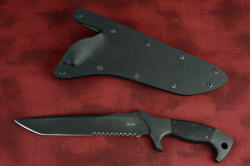 "Taranis" tactical, counterterrorism, combat knife, obverse side view with Version 2.0 locking sheath in kydex, anodized aluminum, titanium, and stainless steel