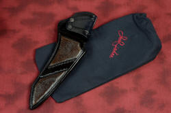 "Taranis" leather/buffalo skin inlaid sheath with protective and storage drawstring bag, embroidered with makers mark