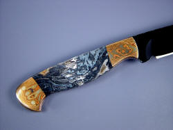 "Tarazed" reverse side handle detail. Mokume Gane bolsters match gemstone grain pattern 
