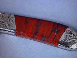 "Tharsis Intense" obverse side gemstone handle detail. Stone is jasper (red) hematite (gray/metallic), and quartz (clear)