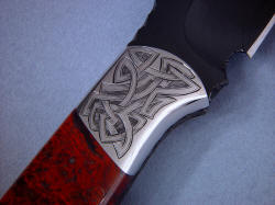 "Tharsis Intense" reverse side front bolster engraving detail. Engraved 304 stainless steel is tough, hard and zero corrosion