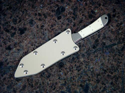 "Tharsis" chefs knife, sheathed view. Sheath is protecive for storage and safety.