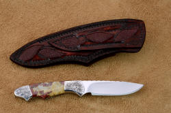 "Thuban" reverse side view. Blade is hard and tough high molybdenum powder metal stainless steel, sheath back is fully inlaid including belt loop