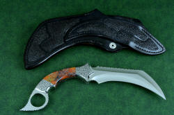 "Titan" karambits, fine handmade custom knives, reverse side view showing sheath back